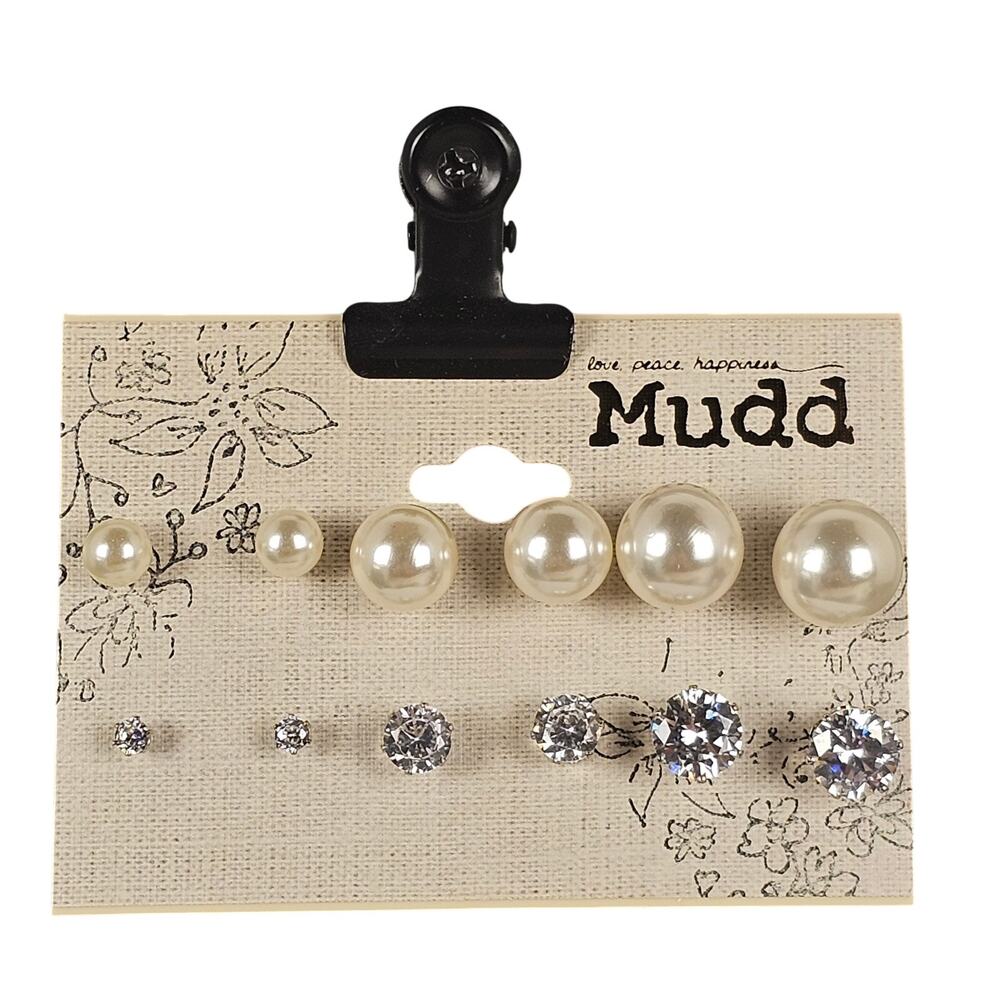New Mudd Faux Pearl & Rhinestone Stud Earrings Set Silver Tone 6 Pair Cream